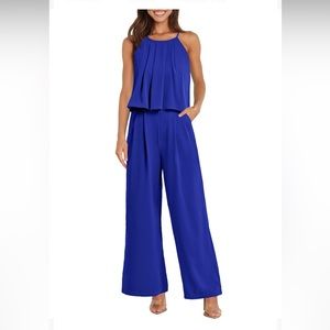 PRETTYGRADEN Women's Sleeveless Jumpsuit Halter Neck Wide Leg Romper 1pc blue XL